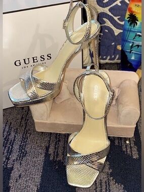 NEW Guess Metallic Silver Snake Ankle Strap Platform Heels